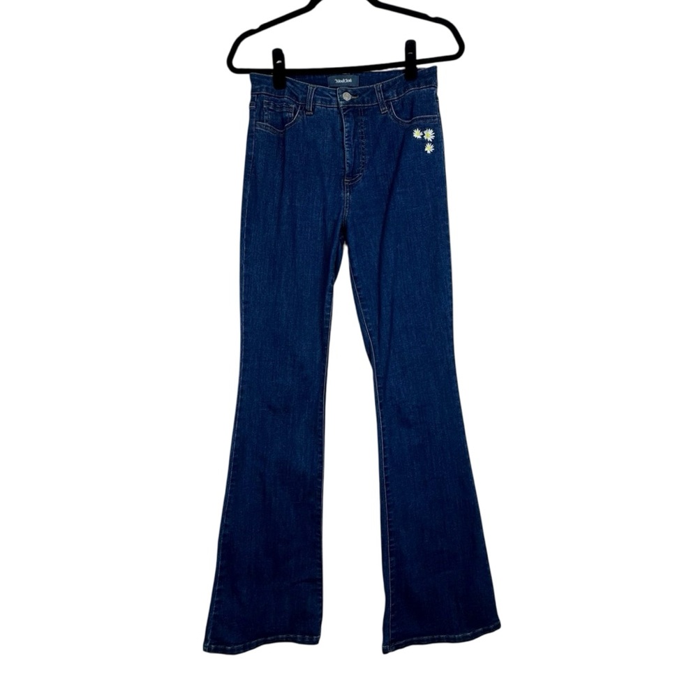 Modcloth Jeans High Rise Daisy Floral Embroidered Flare Leg